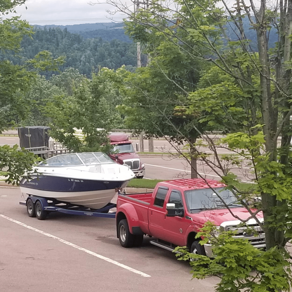 dually pickup hauling boat often used on uship carrier profile