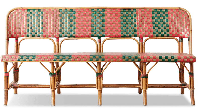 red and green rattan french bistro bench from Chairish