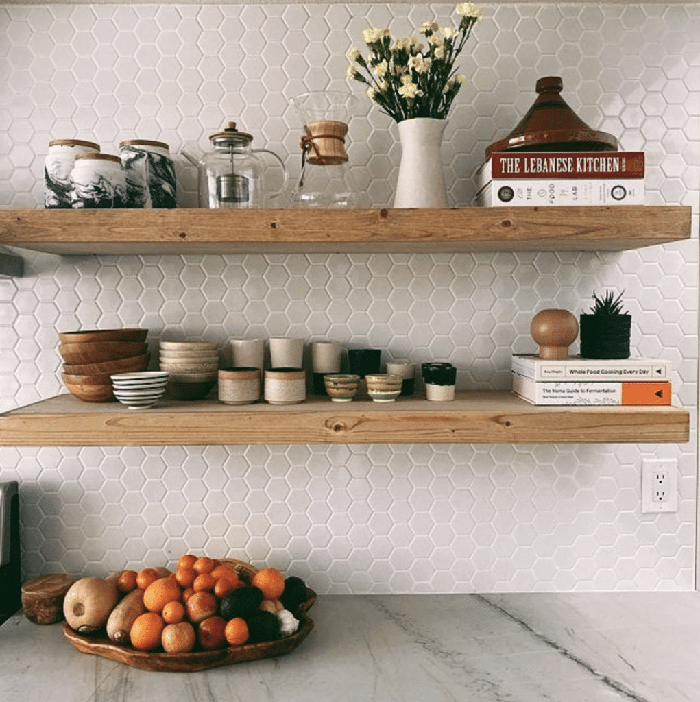kitchen decor on wood shelves, shop etsy