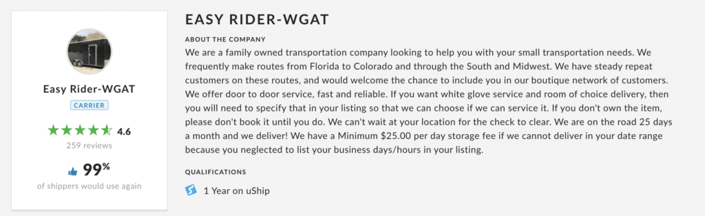 uship carrier profile