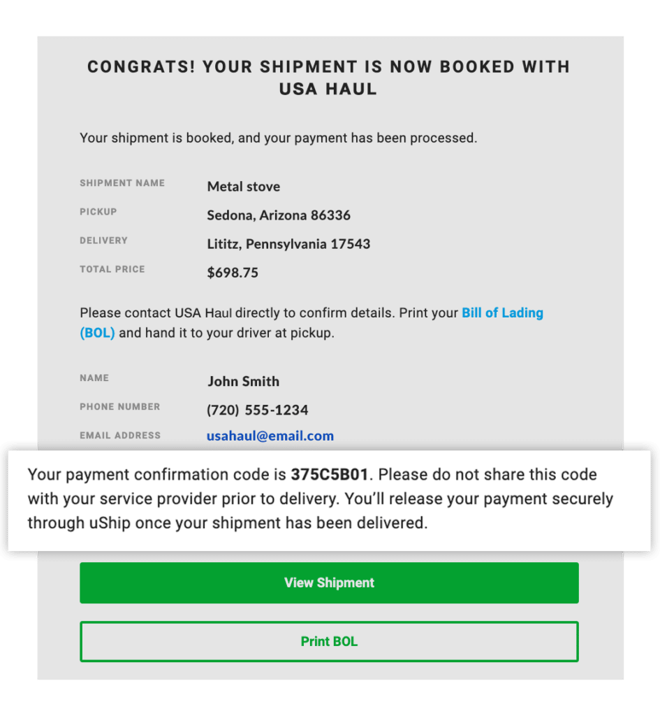 uShip carrier Booking Confirmation Email highlighting the location of the payment confirmation code