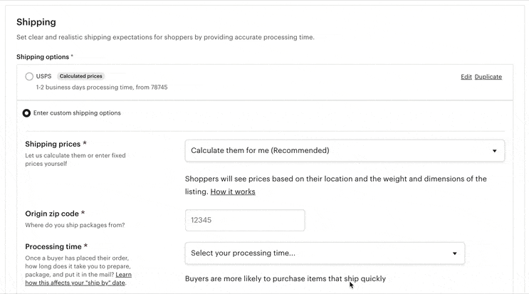 Selecting Etsy shipping options