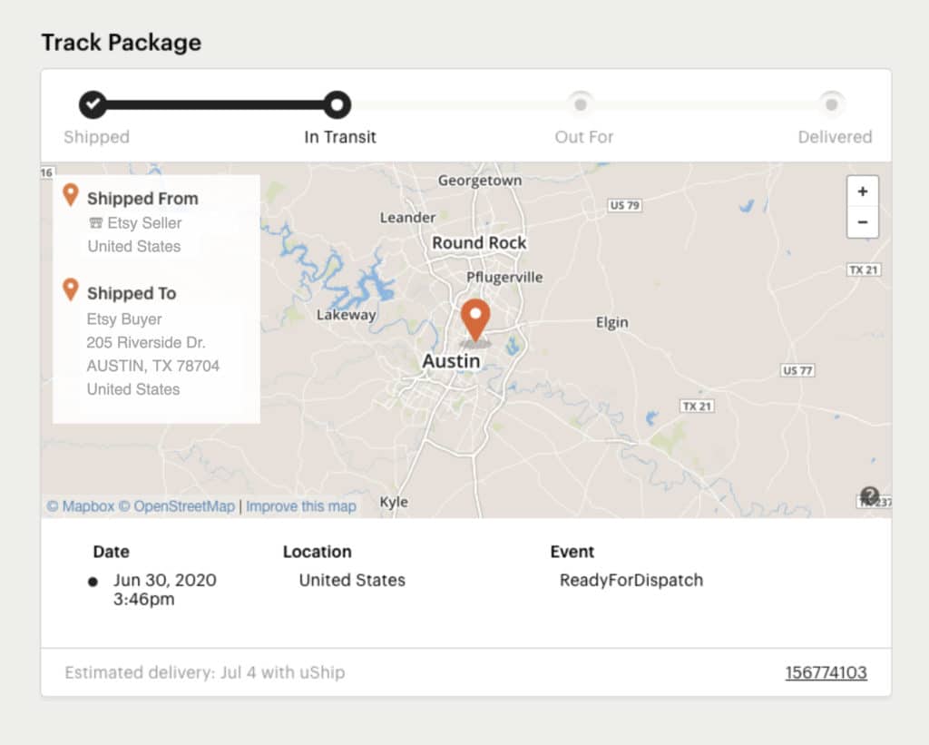 etsy tracking screenshot for etsy shipping